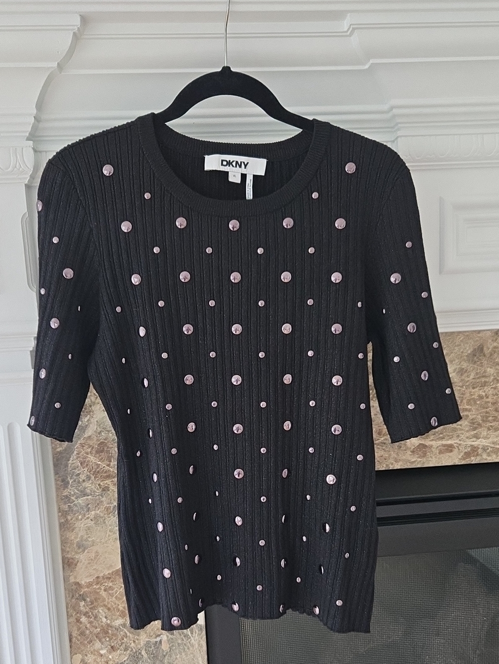 DKNY Black Ribbed Short-Sleeve Top with Stud Accents